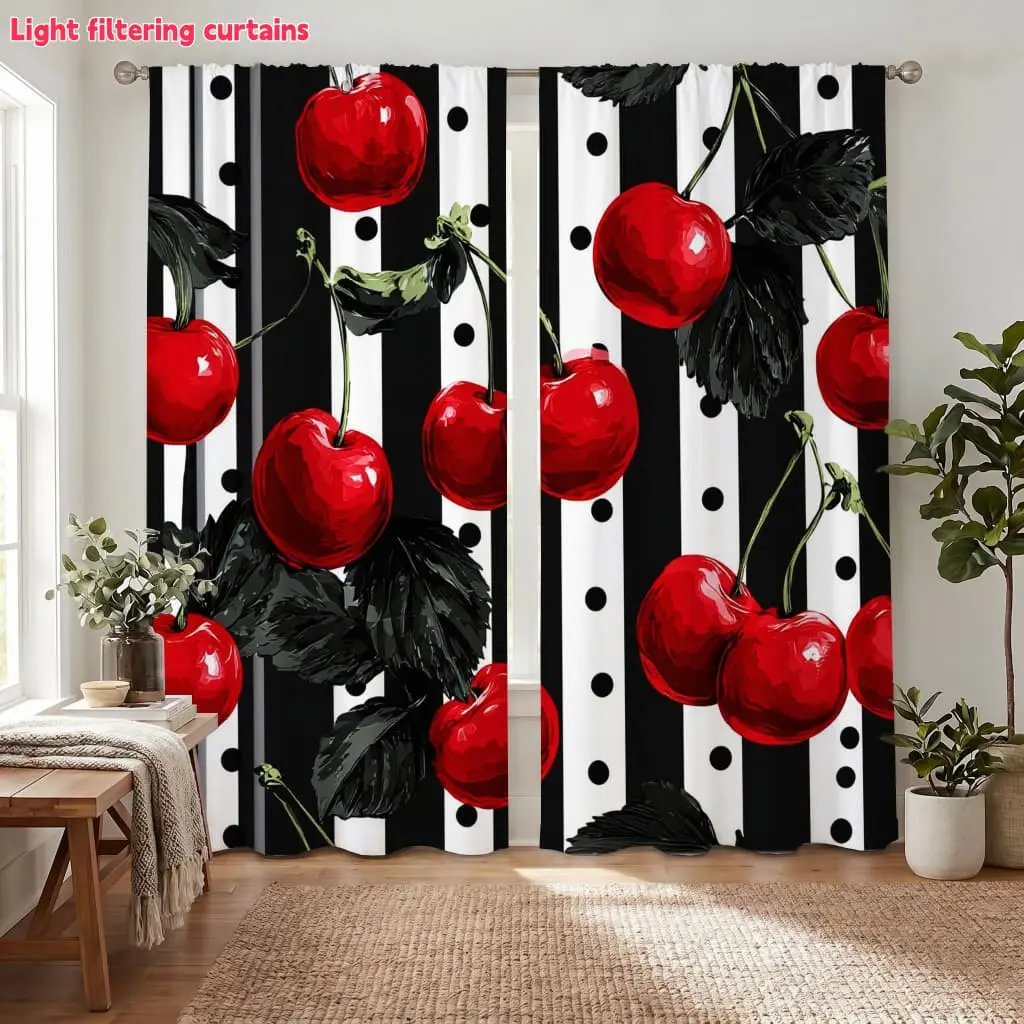 2Pcs Vivid Cherry Pattern Curtains, Digital Printing, Light Filtering, Privacy Protection, Decorative for Living Room Bedroom Cafe Home Decor