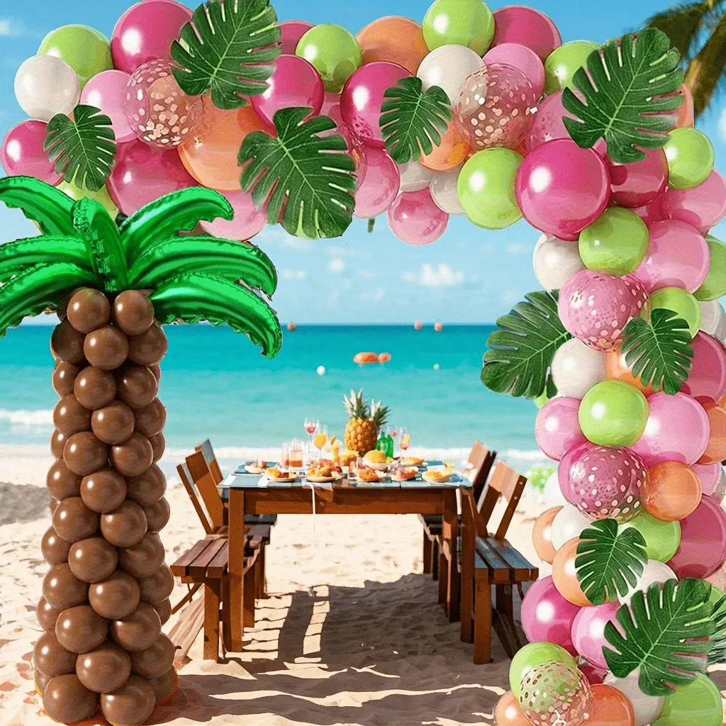 1 Set Summer Hawaiian Balloon Arch Garland Kit, Pink Green Champagne Gold Latex Balloons with Palm Tree Foil Balloons, Tropical Party Decor for Beach Party & Bachelorette Celebrations
