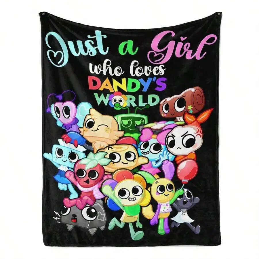 "Just A Girl Who Loves DANDY'S WORLD" All Cartoon Characters Black Background Flannel Blanket, Cute TADC Game Girly Quote Throw Blanket, Soft Plush Warm Blanket for Couch Bedroom, Cozy Comfy Nap Blanket, Perfect Giftable Decorative Blanket for Teen Girl