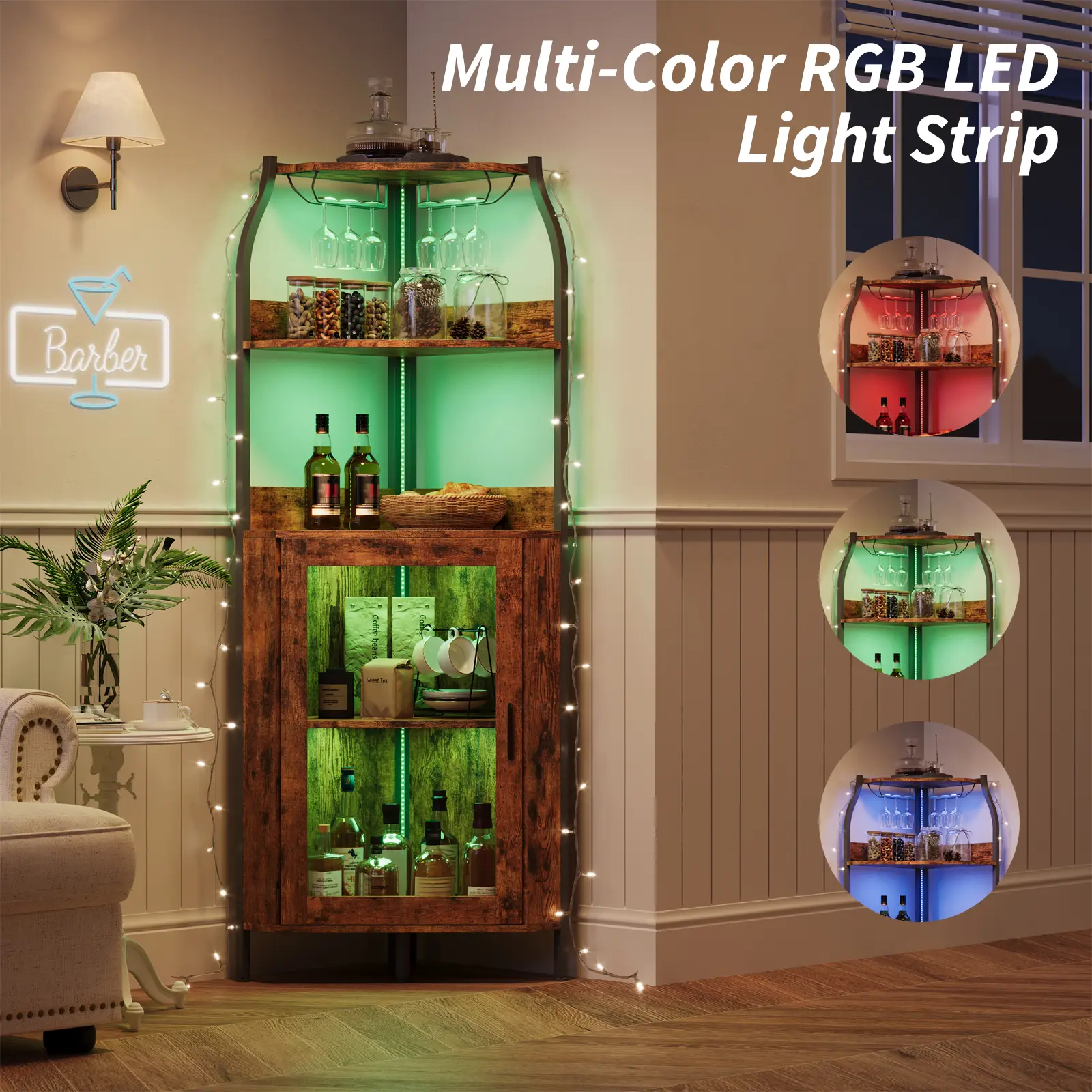 68" Corner Bar Cabinet with LED Lights & Outlet – Freestanding Wine Rack with Glass Door & Detachable Wine Holder, Space-Saving Corner Unit for Dining Room or Living Room