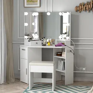 Modern Corner Vanity Desk Set With Lighted Mirror 3 Color Dimmable LED Smart Makeup Table Built In Charging Station Power Outlet USB Ports White Storage Dresser Unit With Cushioned Stool For Bedroom Small Spaces