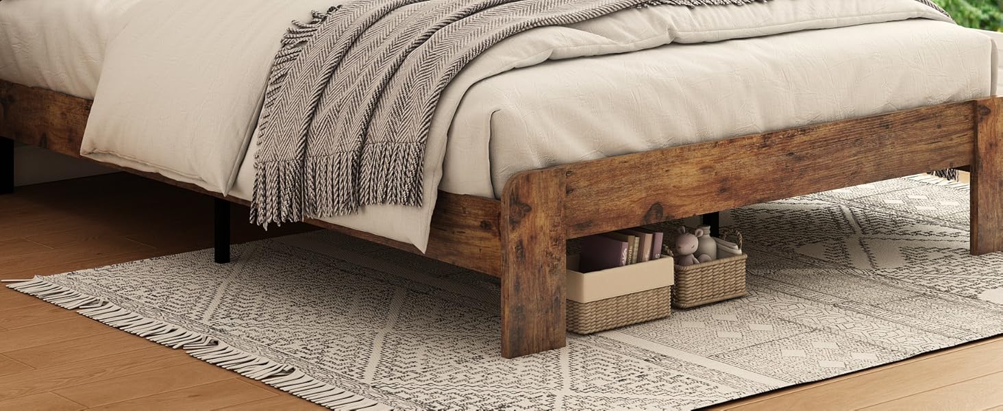 ARCH Wooden Bed Frame Queen Size with Storage Headboard, Farmhouse Platform Bedframe with Bookcase Shelf & Led Lights, Sturdy Wood Slat Framework Bed Frame (Rustic Brown)