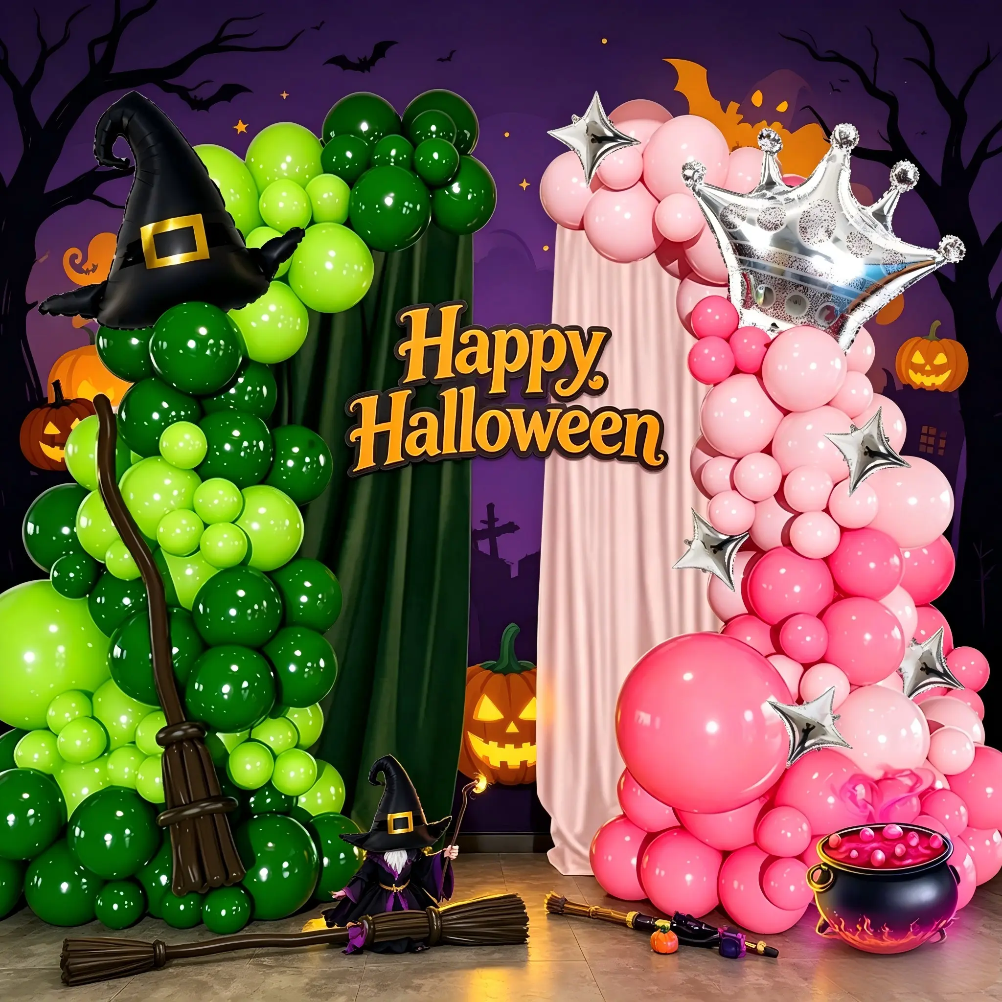 109pcs Witch Halloween Balloon Arch Set, Witch Hat & Silver Color Crown Foil Balloons, DIY Magic Broom Design, Party Decor