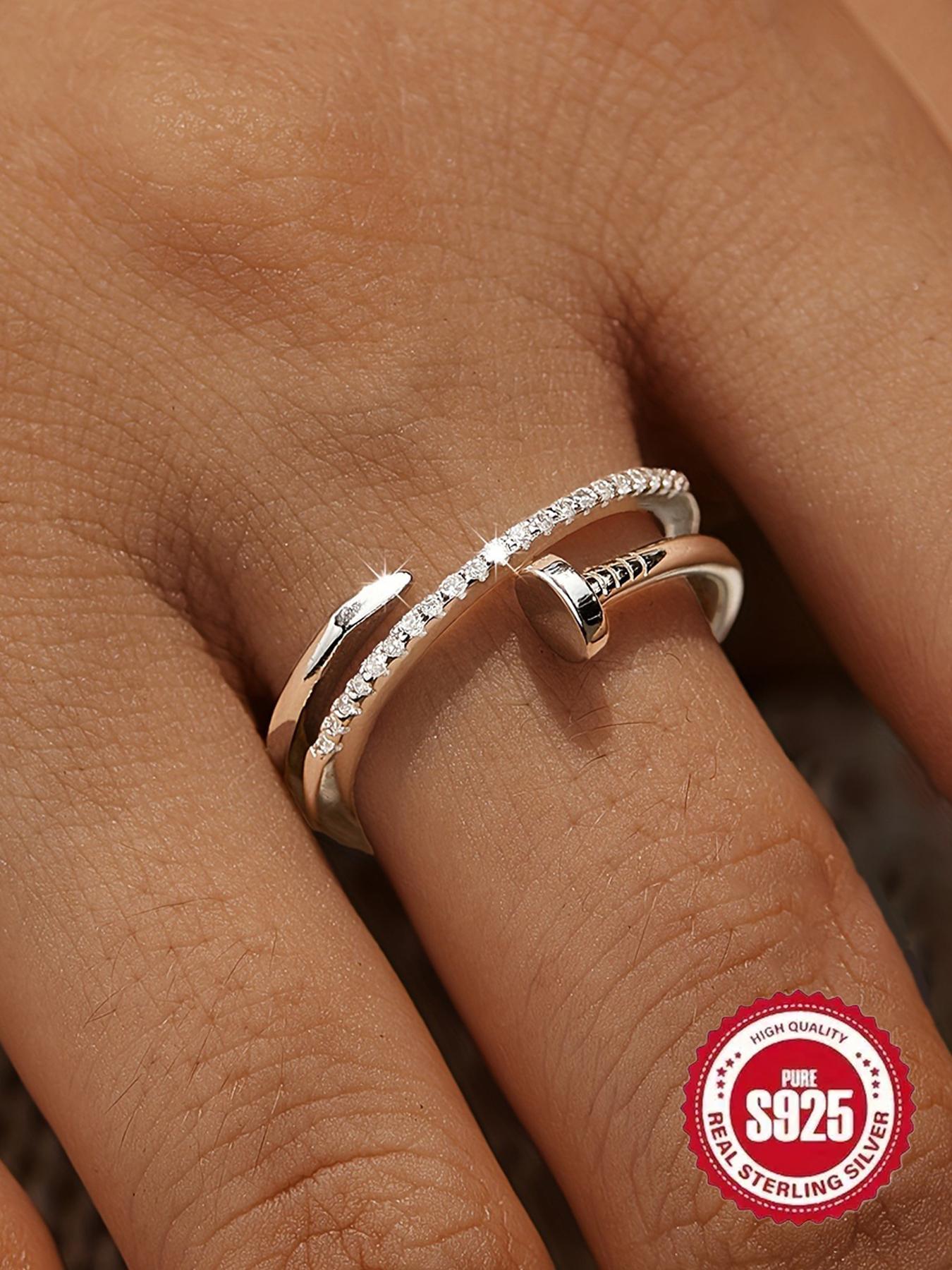 S925 Sterling Silver Fashionable Nail Design Ring, Artificial Zircon Decor Ring for Women, Trendy All-match & Exquisite Jewelry for Birthday Gift, Interlocked Stackable Rings