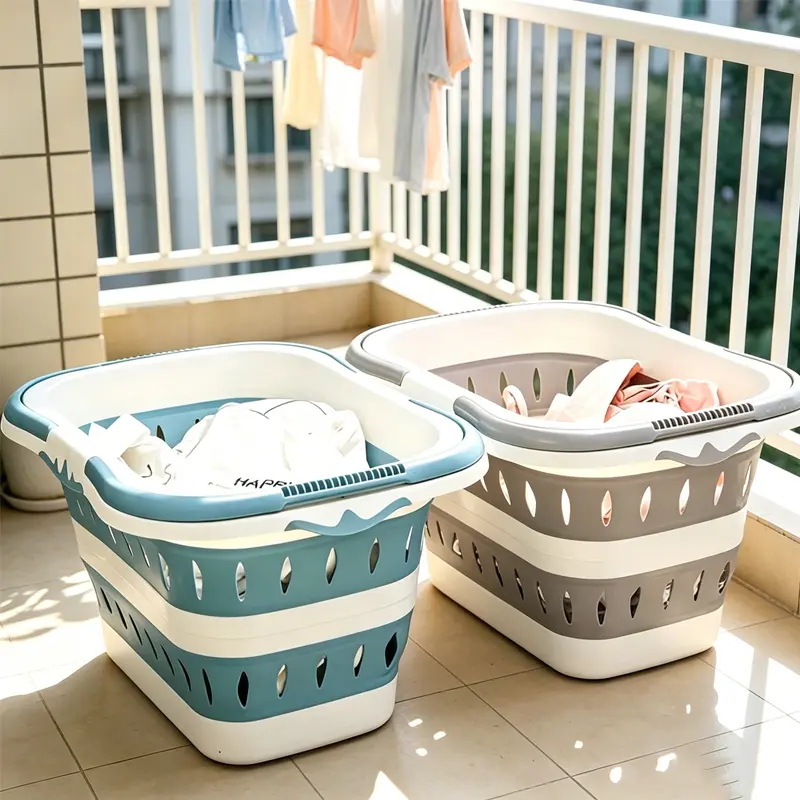 Large Size Collapsible Laundry Basket, Blue/Grey-Portable Foldable Plastic Storage Bin with Handles for Bathroom&Laundry