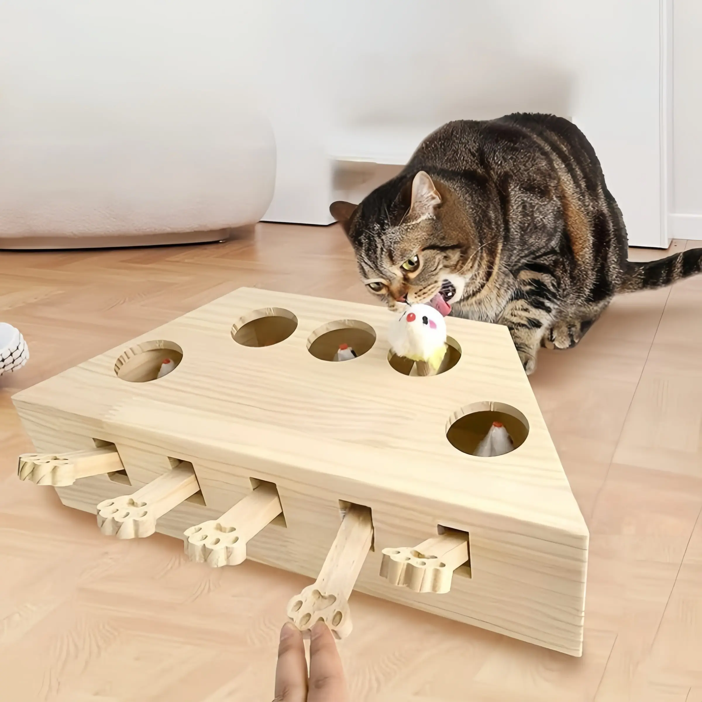 Interactive cat toy-wooden treasure-hunting educational cat toy with 5 plush mice-durable wooden cat toy, suitable for indoor cat exercise.