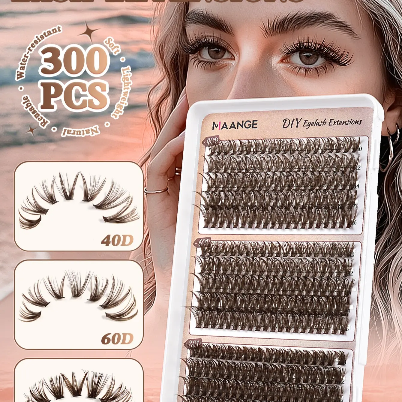 MAANGE 300pcs Brown D Curl Lash Clusters, 40D/60D/80D DIY Eyelashes Extensions, 10-16mm Mixed Lengths, Soft Natural Brown Lashes, Wispy to Voluminous Styles, Easy to Apply, Reusable, Ideal for Custom Brown Eye Makeup & Everyday Wear Cosmetic