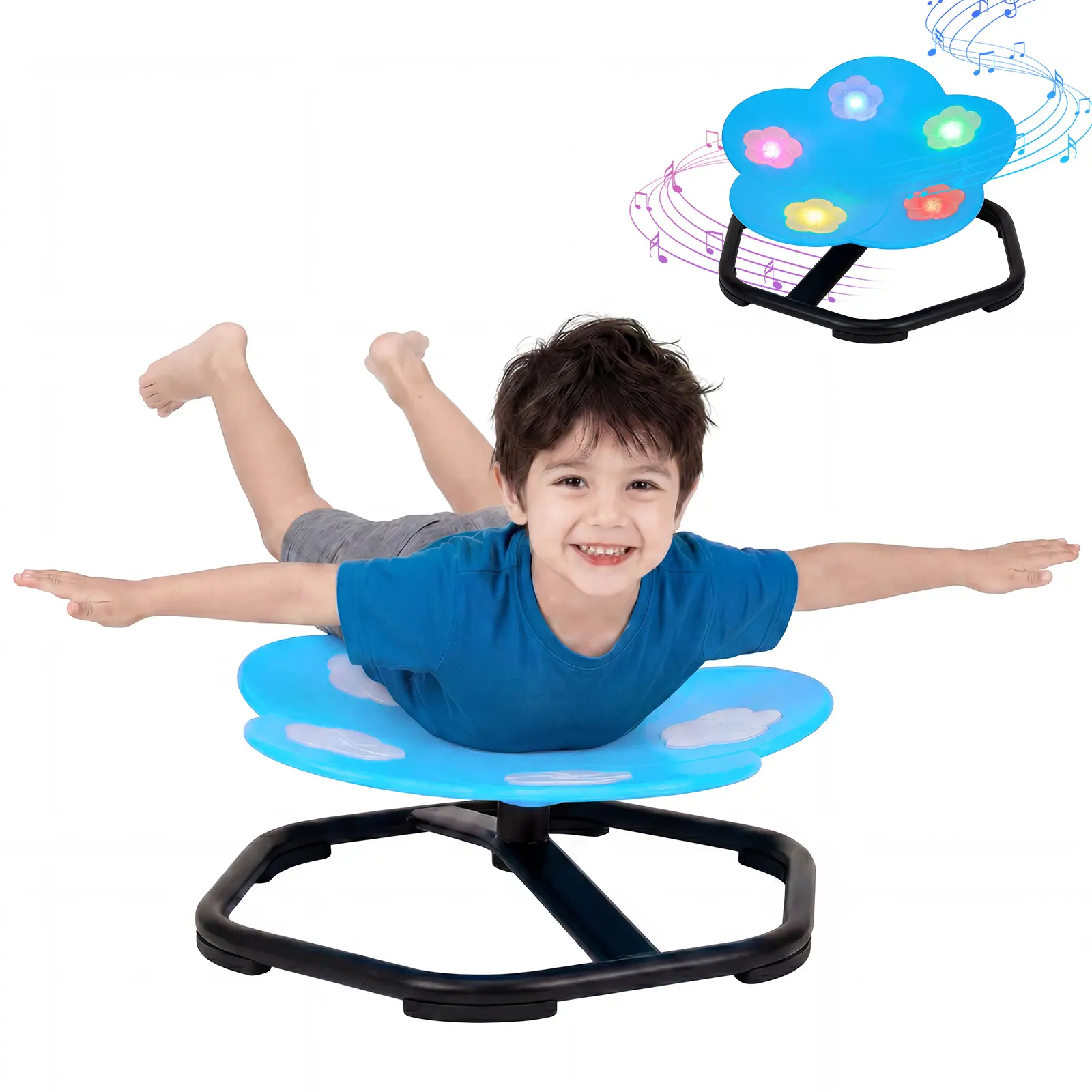 Kids Flower-Shaped 360° Spin Sensory Chair, 18 Inches Wide 3-4 Years Toddler Playroom Chair with Music, Lights, Non-Slip Metal Base, Assembly Required