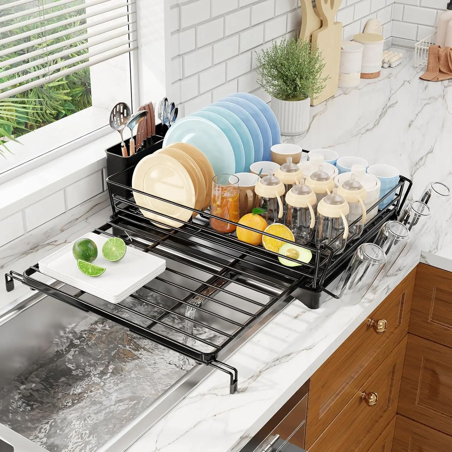 Dish Rack - Expandable Dish Drying Rack for Kitchen Counter, Large Capacity Dish Drainers, Stainless Steel Dish Strainer with Utensil & Cup Holders, Black