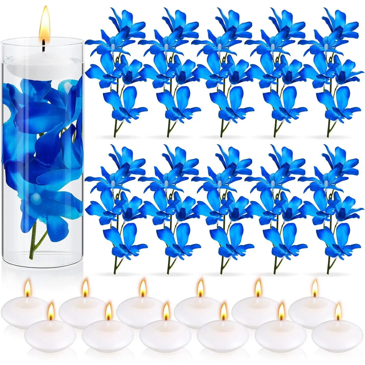 28 count Royal Blue Floating Orchid  Candles Centerpieces | Artificial Orchids for Glass Vase, Unscented Candles for Wedding Table Party, Bulk Blue Flower Set for  Decoration
