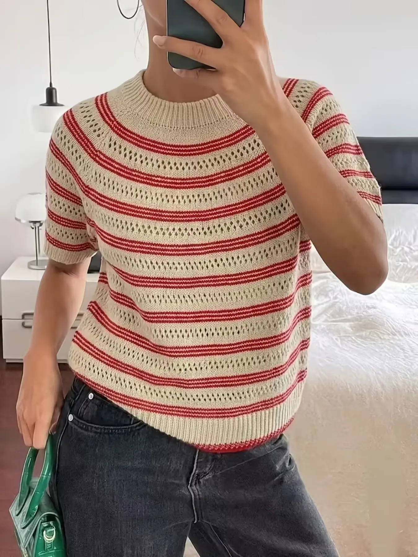 Women Striped Hollow Out Short Sleeve Knit Top, Crew Neck Cropped Knitted T-Shirt, Vintage Breton Stripe Breathable Summer Sweater Tee for Casual Daily