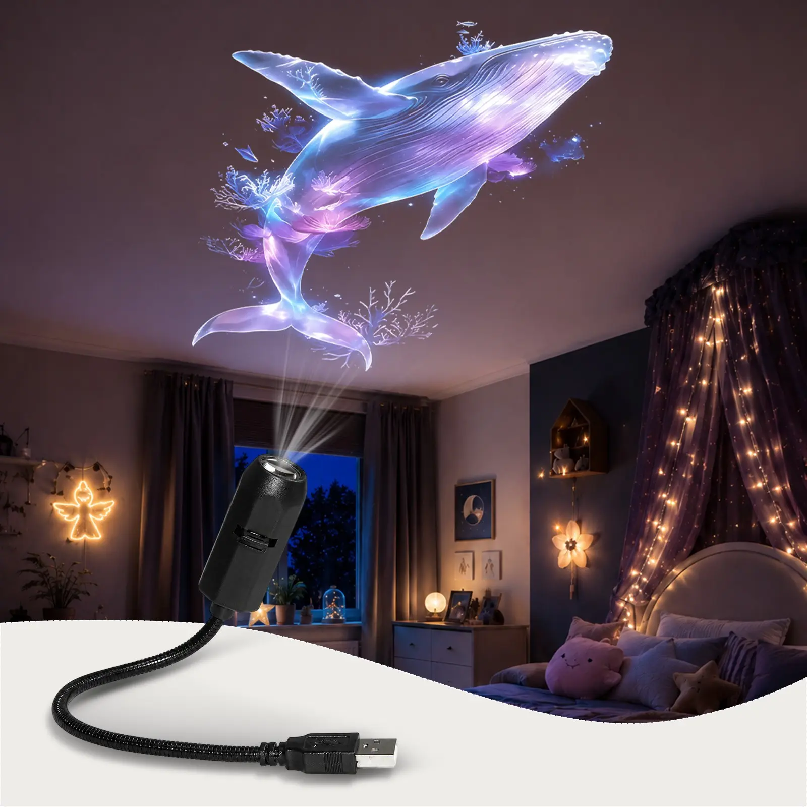 Ocean and Nature LED Projection Light, USB Art Lamp with 6PCS Pattern Discs, Whale, Butterfly, Jellyfish and Starfish Modern Mood Lighting for Bedroom and Living Room