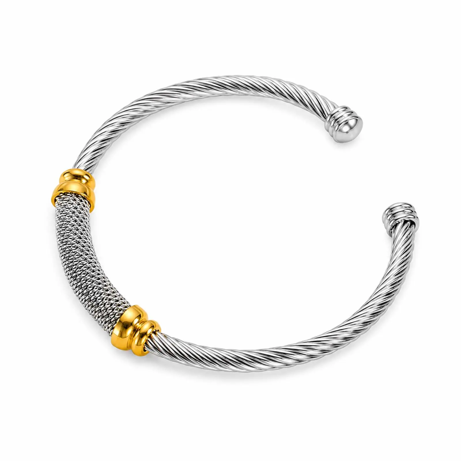 Unisex Adjustable Stainless Steel Open Cuff Bracelet, Braided Cable Wire Rope Style Wristband, Gold Silver Color Options, Tarnish Resistant Hip Hop Streetwear Jewelry, Minimalist Hand Accessory for Daily Wear, Party, Travel, Gift