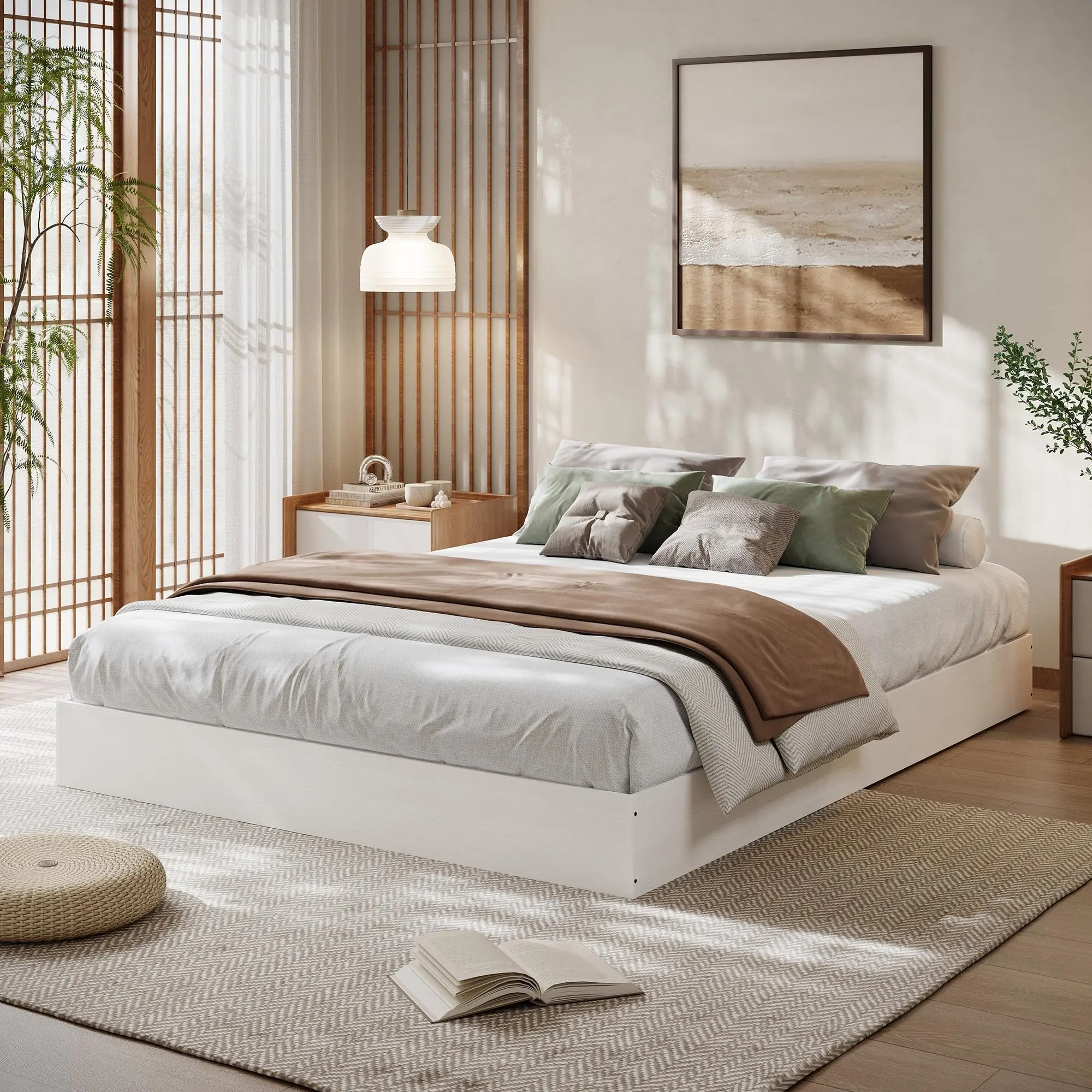 Low Profile Platform Bed Frame 7.68 Inch, No Headboard, Wood & Metal Frame with Noise-Free Pre-Attached Slats, No Box Spring Needed, Space-Saving Floor Bed, Twin to King Sizes, Golden Teak Oak Walnut,sohochic