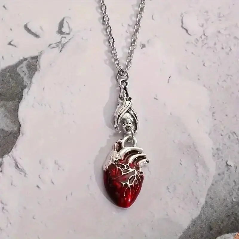 Gothic Chain Necklace with Bat Wing & Bloody Anatomical Heart Pendant, Vampire Witch Jewelry for Women, Pagan Halloween Gift, Chain Jewelry Necklaces