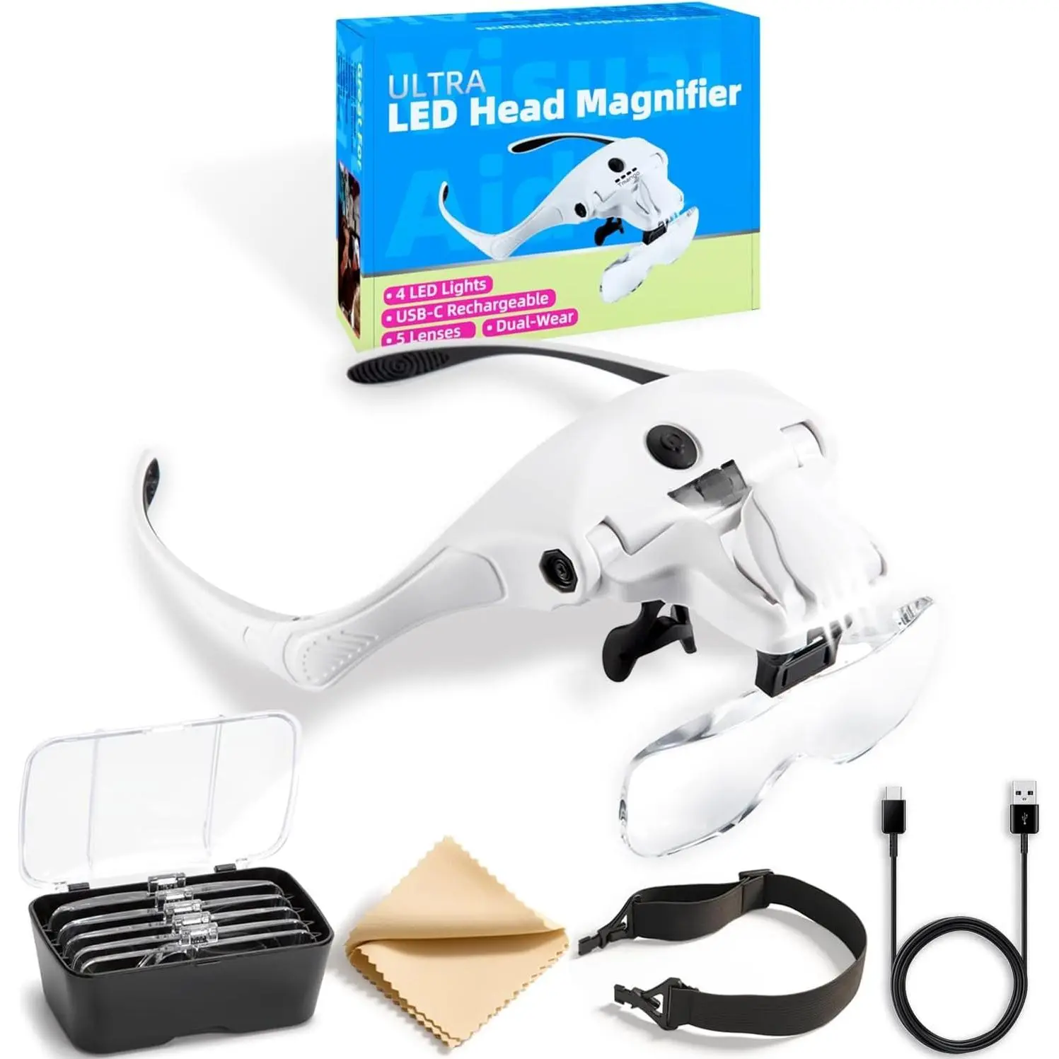 Rechargeable  Magnifier with 4 LED Lights and 5 Lenses – Hands-Free Magnifying Headset for Close Work, , Crafts, Eyelash Extensions, Magnifying Glasses Alternative