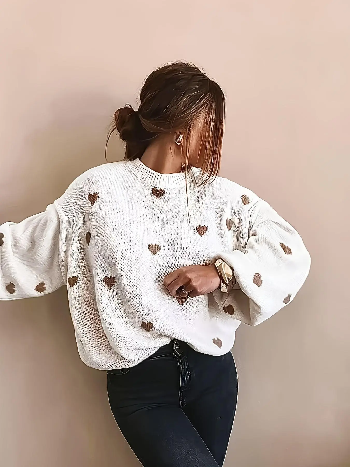 New Elegant Loose Fit Heart Pattern Long Sleeve Knit Sweater, Casual Y2K Style, Perfect for Spring, Fall, Winter, Daily Wear