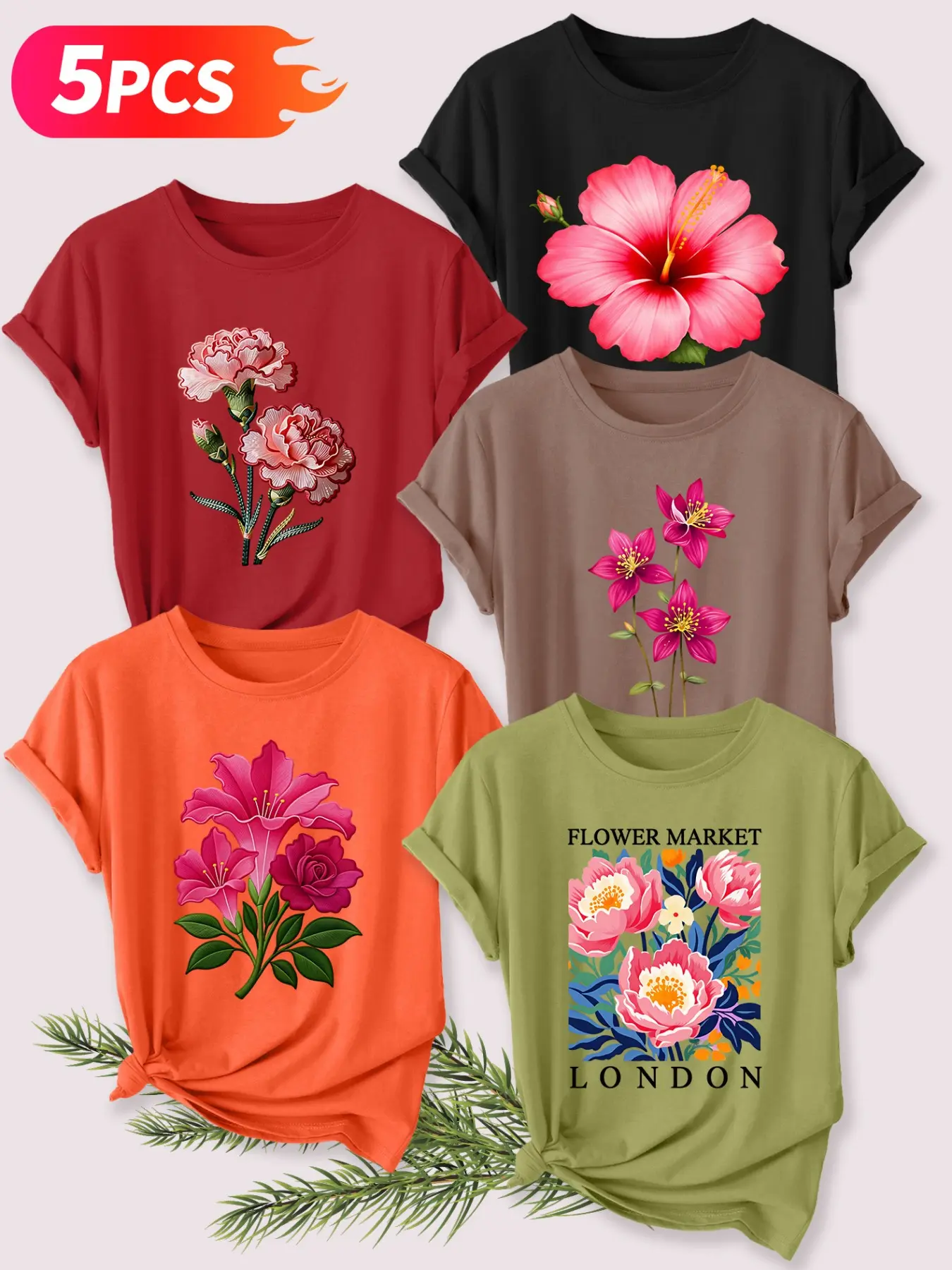 5Pcs Women Crew Neck T-Shirt, Elegant Vintage Hibiscus Carnation Multiple Floral Prints, Multi-color Washable Spring Summer Top, Soft Skin-friendly Fabric Daily Versatile Fashion Design
