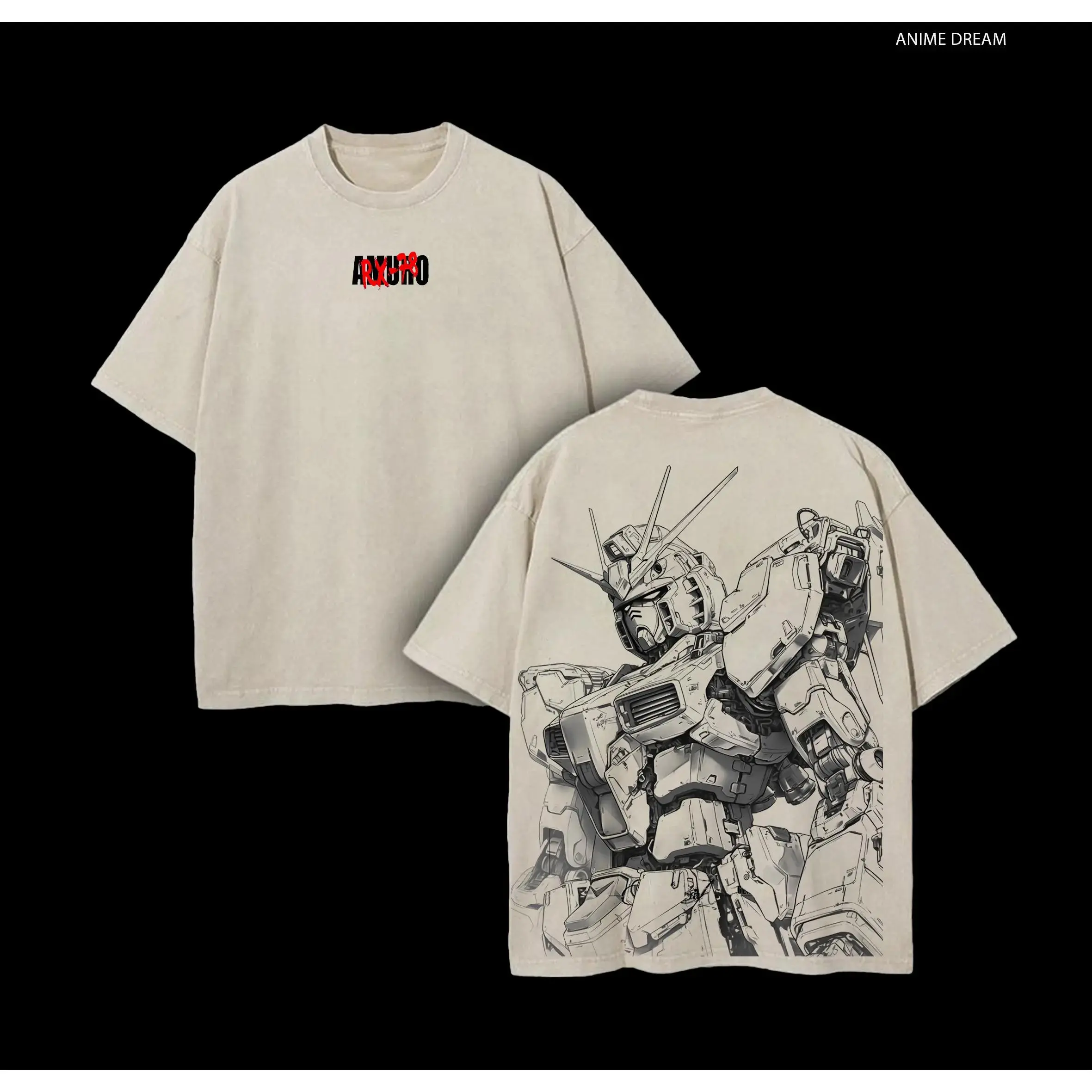 RX-78-2 Gundam Anime Double Printed Vintage Washed Tee Unisex Oversize Heavyweight Cotton T-shirt for Anime Fans and Lovers