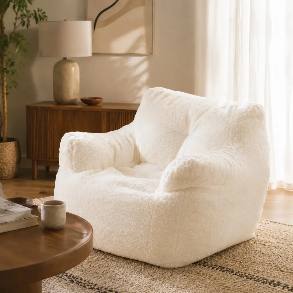 010 Tufted Boneless Sofa Chair - Ivory White, Teddy Fabric, Foam-Filled, Soft Upholstered Couch for Bedroom, Living Room, 39.4L x 37W x 27.6H