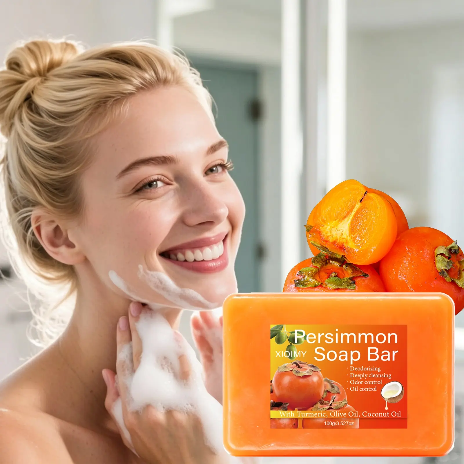 100g Persimmon Soap, Cold Processed Handmade, Natural Deodorizing Body Soap, for Hair, Face, Body, Moisturizing, Unisex, Perfect Gift