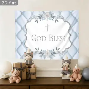 2D Flat, [party Banner] 2D Flat Banner, 1pc God Bless Diamond Frame Cross Quilted Light Blue Background Backdrop, for Party Decor Club, Home, Garden, Farm, Room, No Electricity, Gift for Halloween, 2D Flat