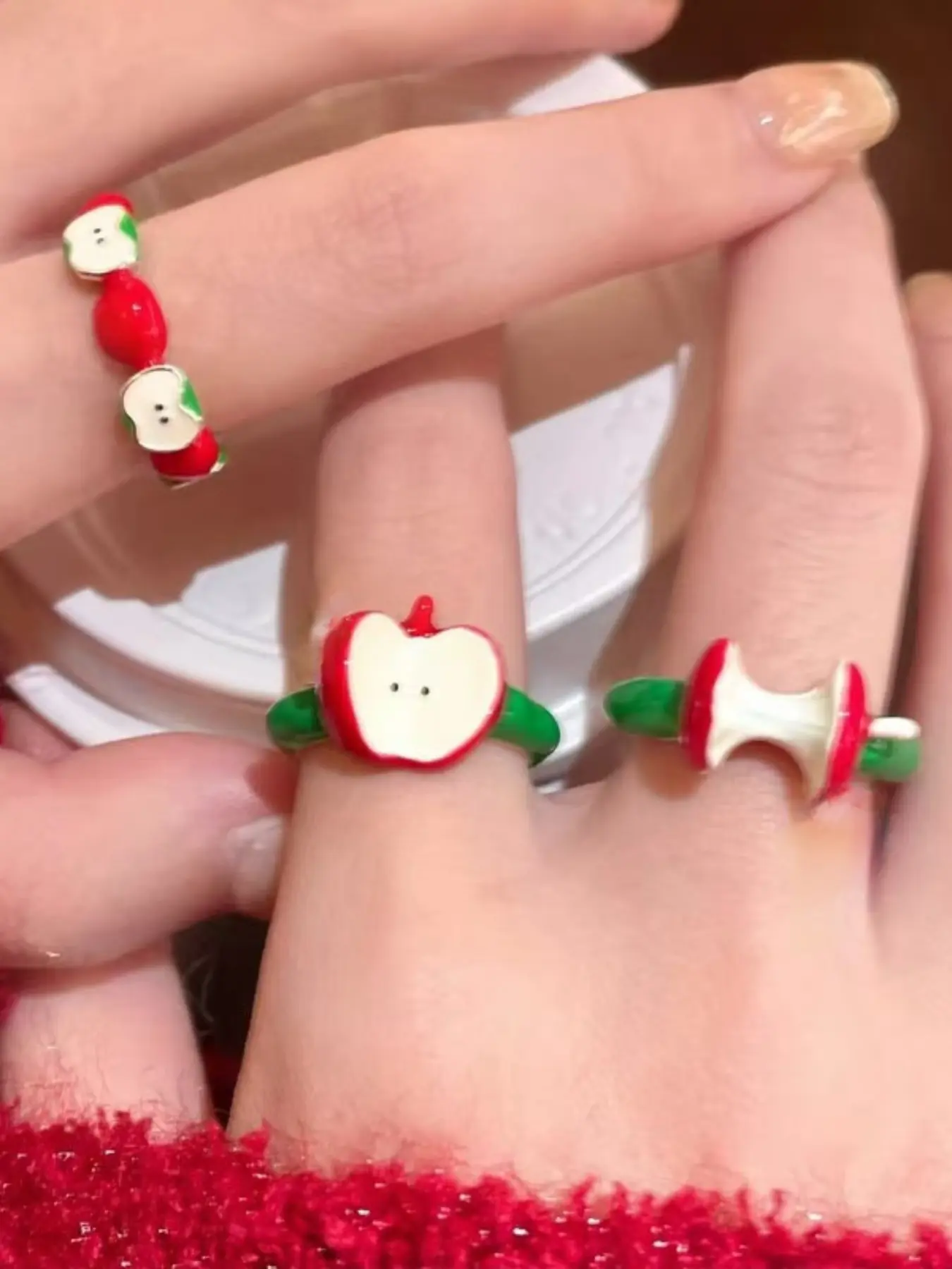 Three-Piece Sweet and Playful Apple Glazed Ring Set, Unique Design Index Finger Ring, Adjustable Open Cuff Band for Women