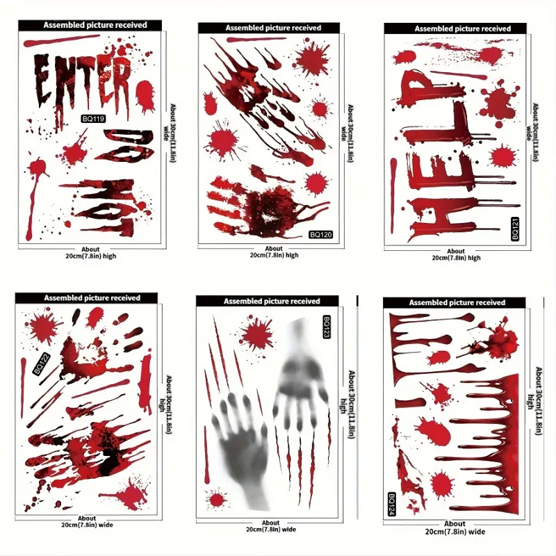 Scary Bloody Designs Decorative Window Stickers Sheet Set (6 Sheets) for Haunted House Halloween Party Home Decor