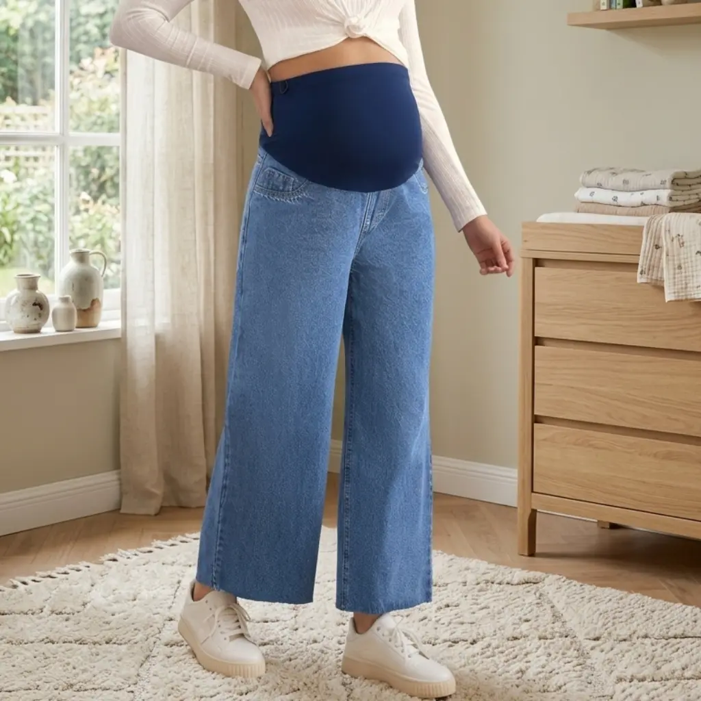 MUSBUY Women's High Waisted Maternity Crop Denim Pants - Adjustable Waist Over the Bump, Relaxed Wide Leg, Plain Denim with Clean Cut Hem,  Safe  Crop Pants, Clean Hem, Elastic Support, Year Round, Wide Leg Pants, Denim Fabric clothing apparel pregnancy