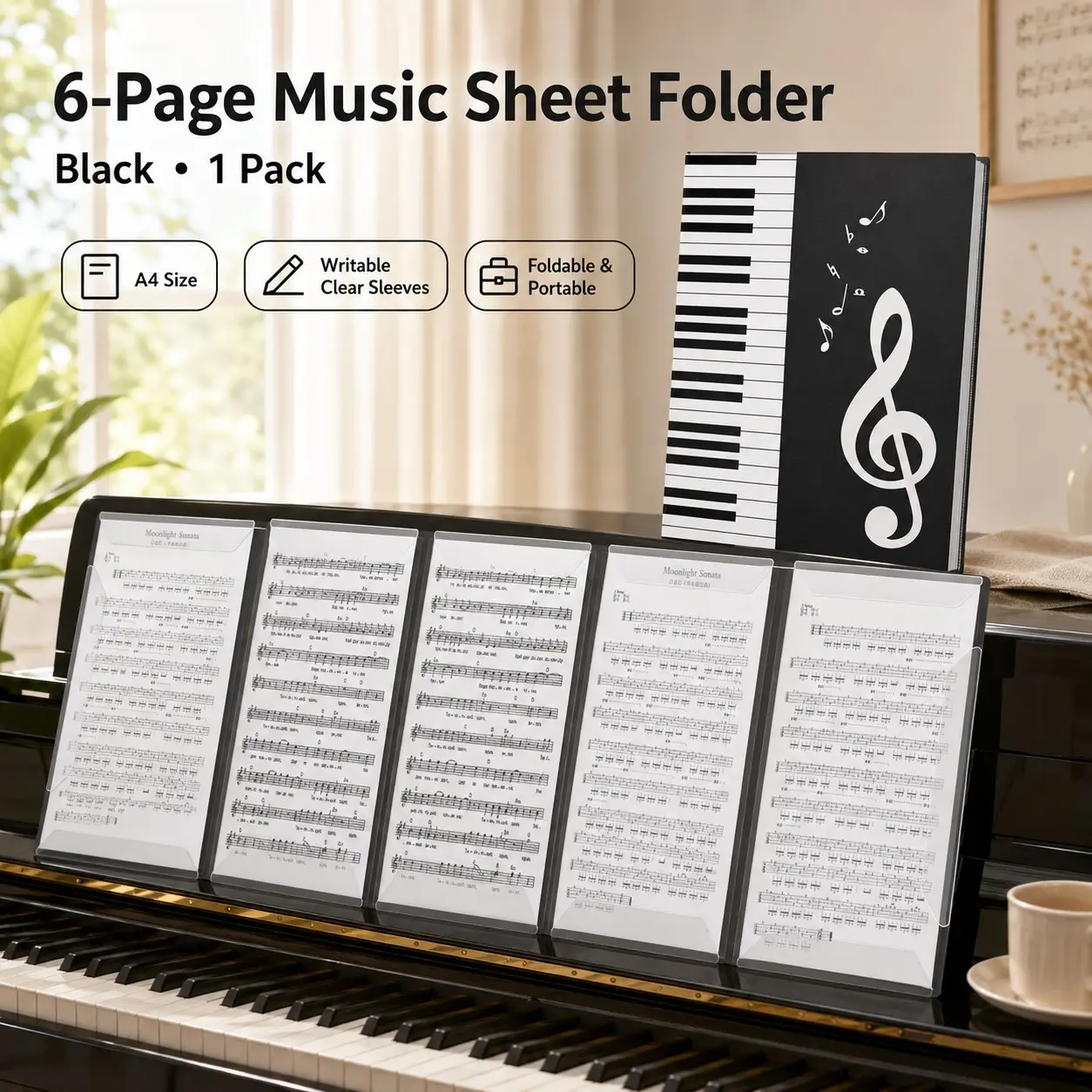 A4 Size 6-Page Continuous Music Stand, Colorful Performance Folder, Ideal for Art Display & Sheet Music, Expandable Piano Holder
