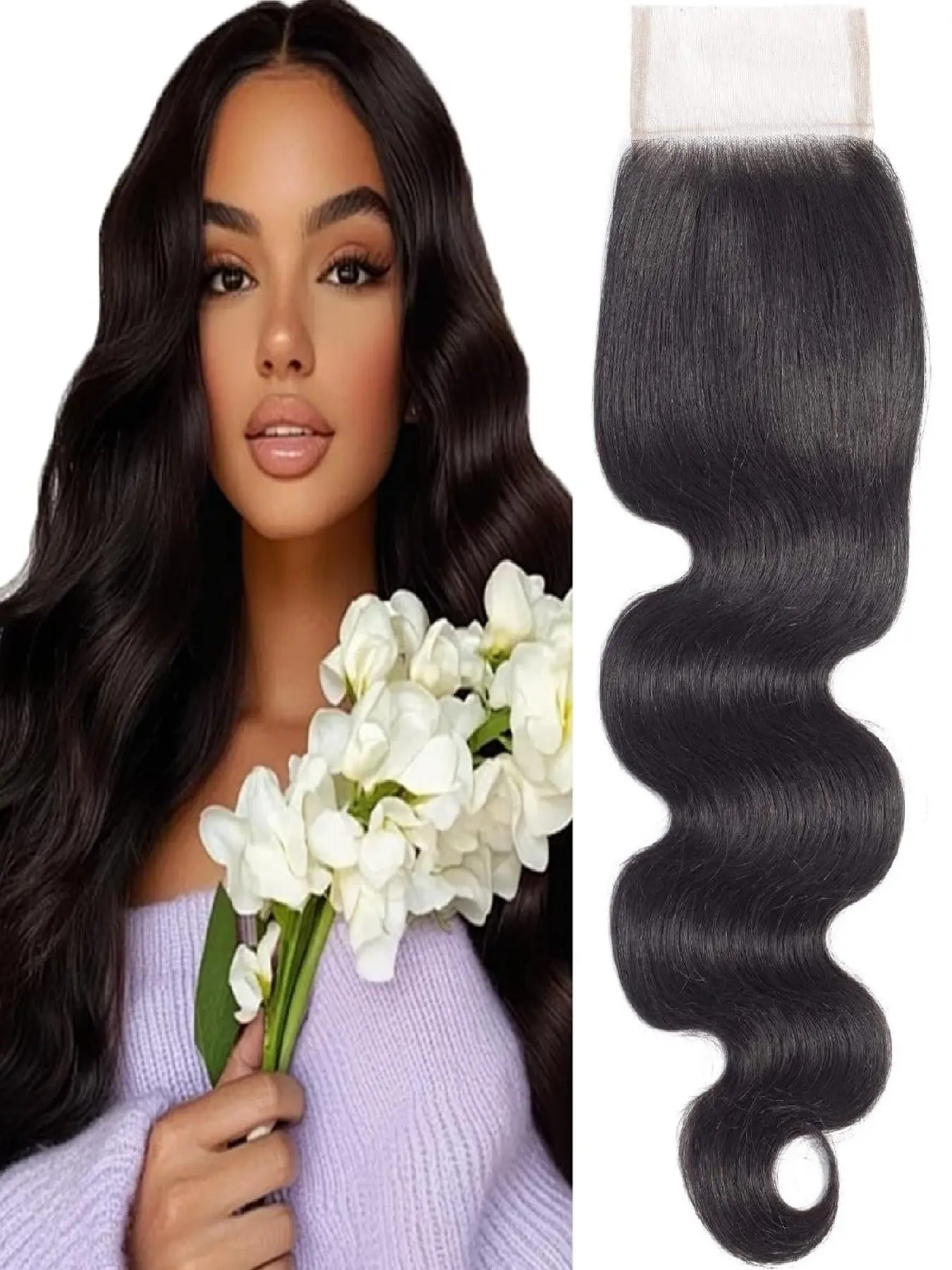 4x4 Lace Closure Body Wave Human Hair Transparent Lace Closure Human Hair  Unprocessed Brazilian 150% Density Body Wave Natural Black