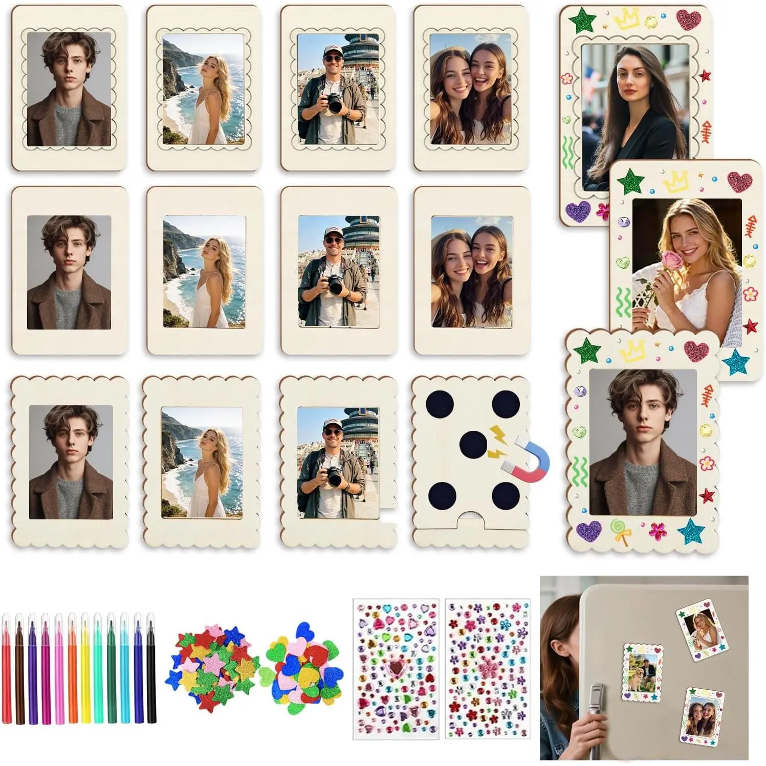 12 Pack Mini  Photo Frames – Unfinished DIY Craft Kit, Wooden Picture Frames for Crafts Set with 12 Watercolor Pencils & Stickers, Fridge Photo Decor, Bulk  for Birthday, Wedding, Anniversary & Party