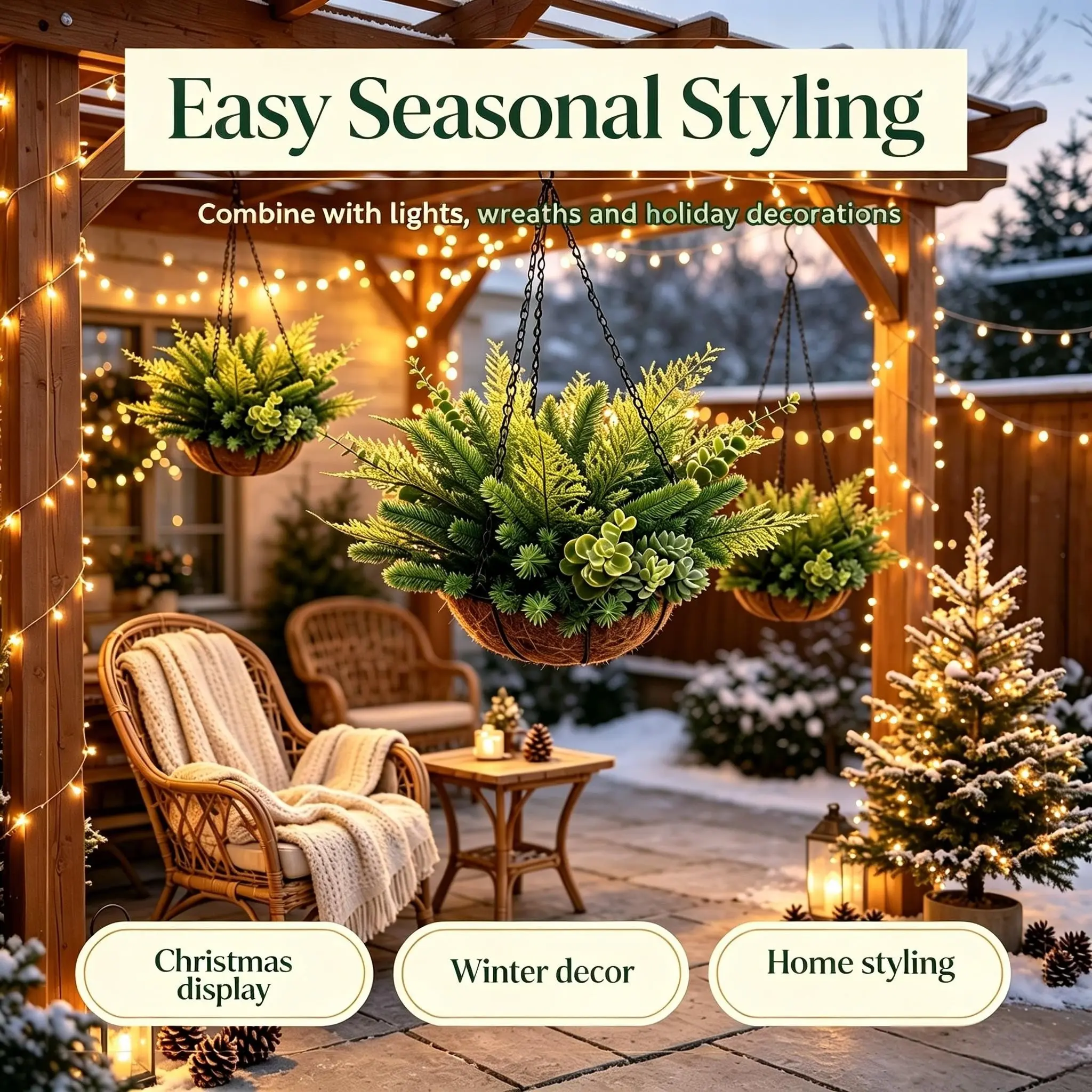 1set Artificial Christmas Plant Basket, Pine and Eucalyptus Arrangement, Coconut Shell Liner with Metal Chain, Easy Hanging, Holiday Decor