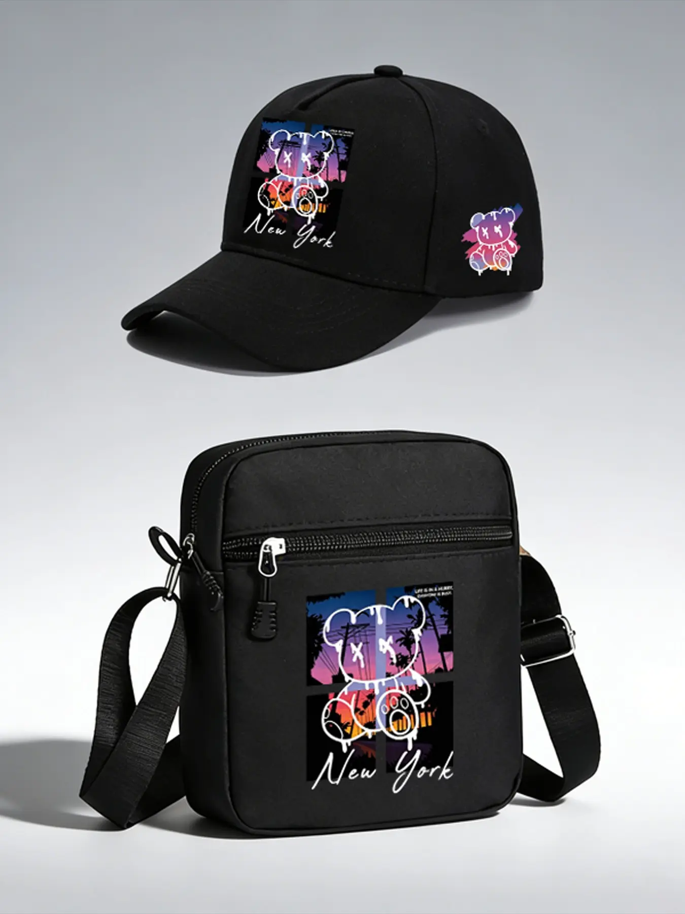 Trendy Gradient Bear Print Baseball Cap and Crossbody Bag Set, Adjustable Street Fashion Accessories, Perfect for Daily Wear and Gifts