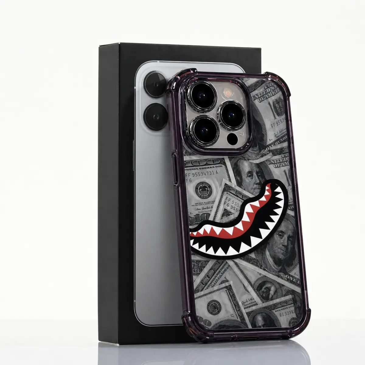 Flex Harder with This Shark Bite Just Leveled Up with This Shark & Money Case For IPhone 17 16 15 14 13 12 11 PRO PLUS MAX AIR Four-corner Drop-proof Transparent Casual Soft Silicone patternfull protection case floral pattern Mo,Halloween,Horror,Character