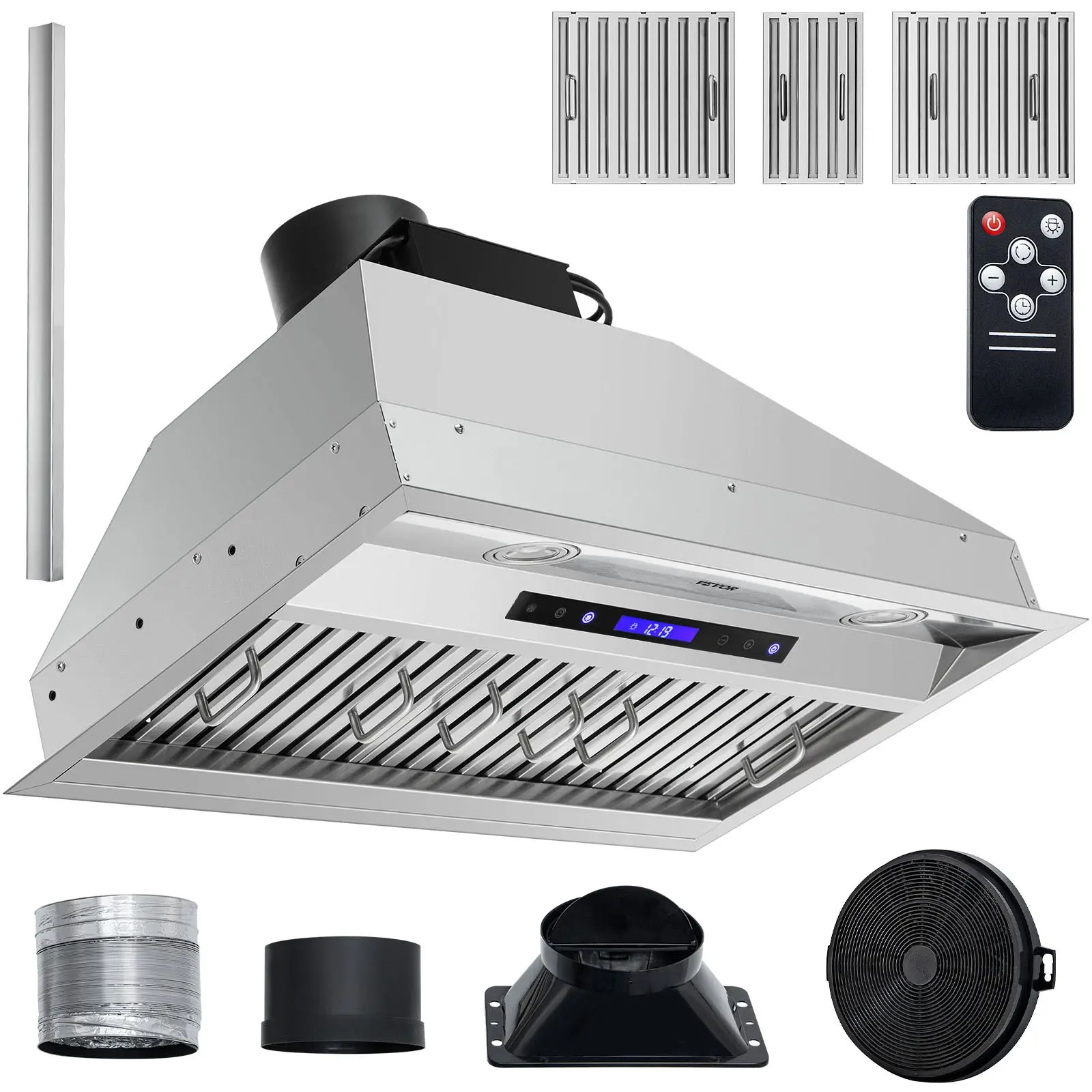 VEVOR 30 Inch Built-in Insert Range Hood, 900CFM 4-Speed Stainless Steel Kitchen Vent with Smart Control, LED Light, Grease Filter, Charcoal Filter, 30x18.5x17.4 Inch, 42 lbs, Ducted-Ductless Convertible, ETL Listed