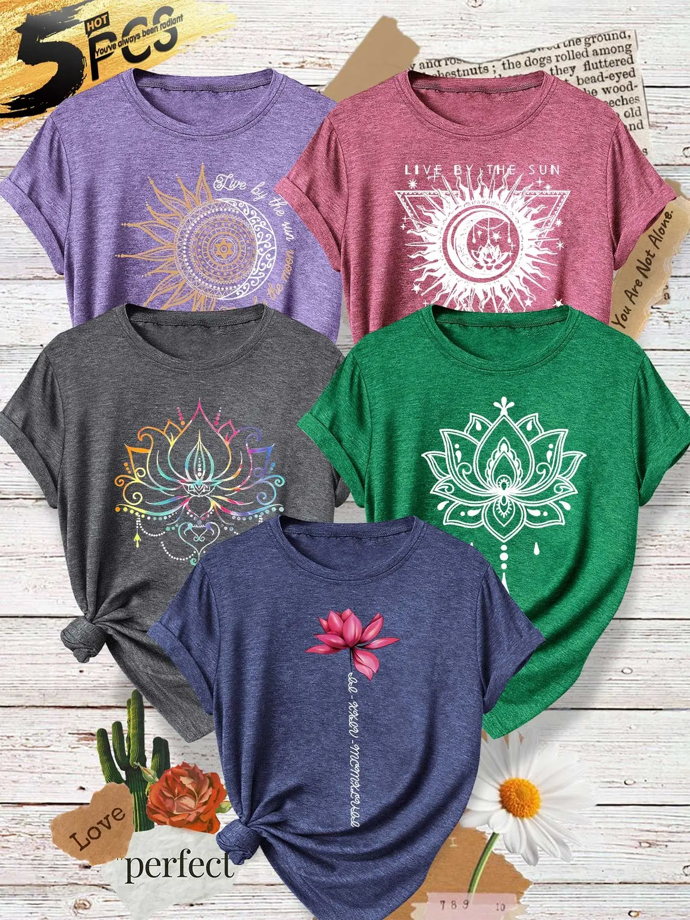 Five-Piece Women's Round Neck T-Shirts, Lotus Moon Star Yoga Meditation Mandala Print, Soft Fabric, Casual Fashion