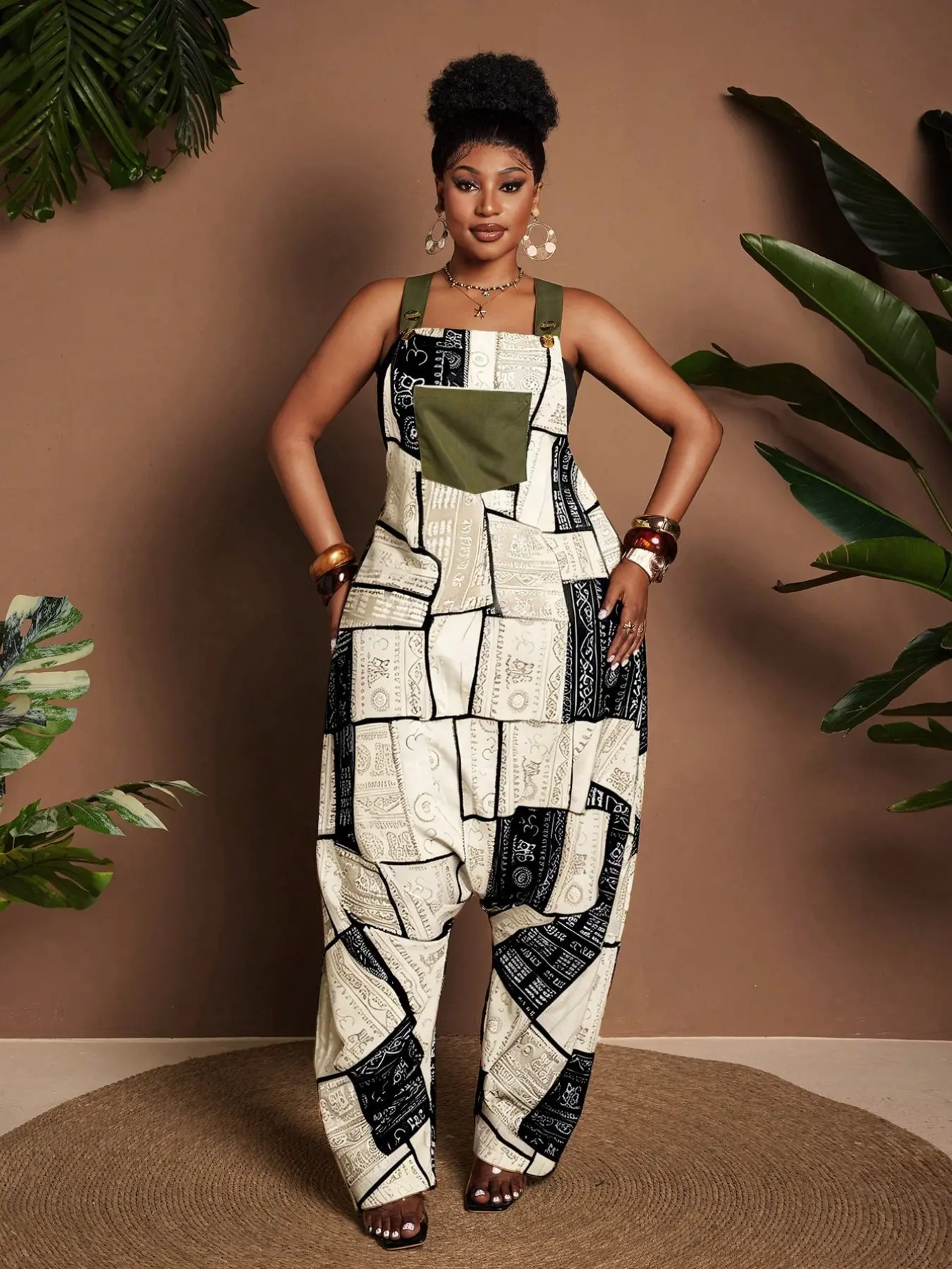 Women’s Patchwork Print Jumpsuit, Boho Style Slim-Fitting Overall, Loose Wide Leg Casual Romper, All over Print Clothing