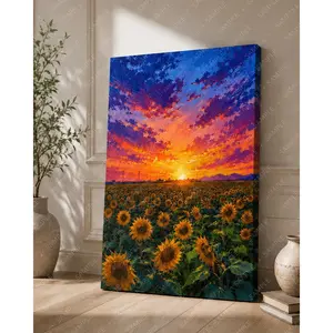 Vibrant Sunset Sunflower Field Canvas Wall Art, Colorful Impressionist Landscape Print, Bright Decor for Living Room Bedroom Office, Available as Unframed Poster or Framed Wrapped Canvas