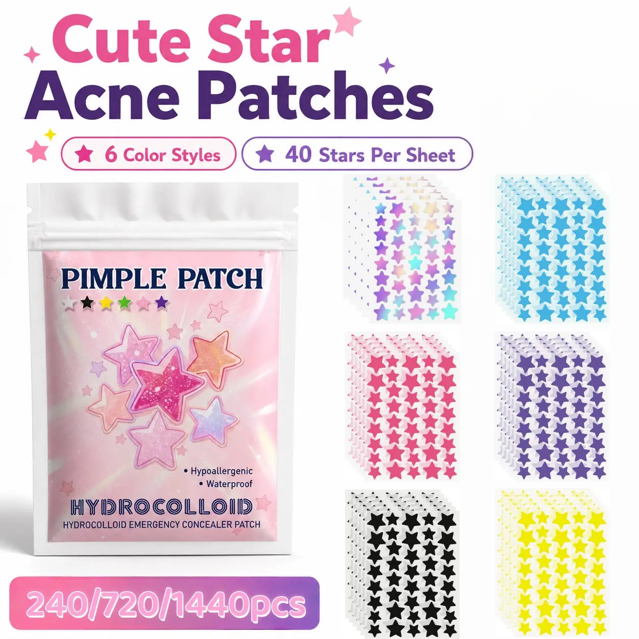 240/720/1440pcs Colorful Star Face Pimple Patch Set, Hydrocolloid Acne Concealer Stickers, Acne Spot Stickers, Cute Makeup Patches for Daily Use