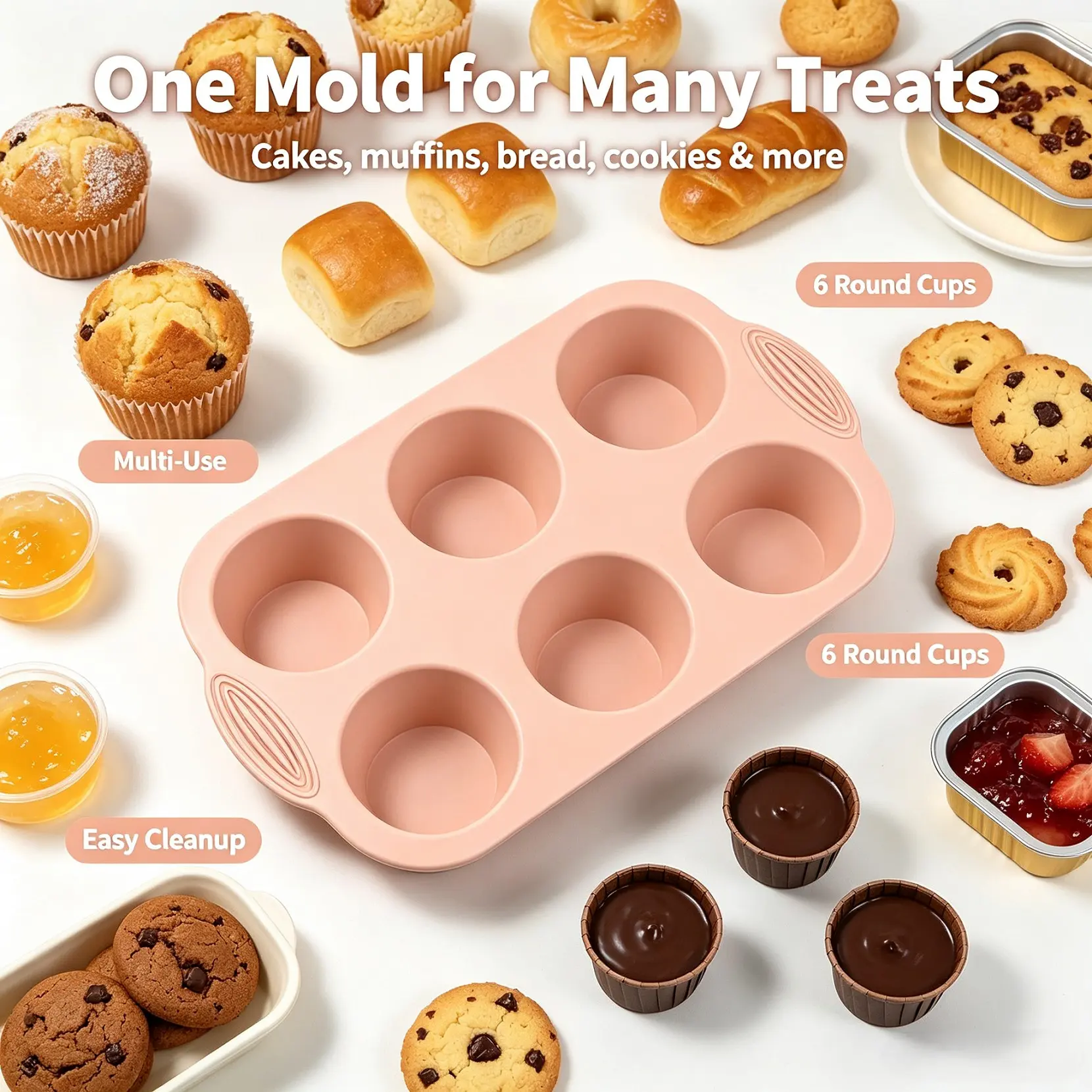 Food Grade Silicone Six-Cavity Cake Mold, Reusable Baking Mold for DIY Cookies, Muffins, Desserts, Perfect for Home Bakers
