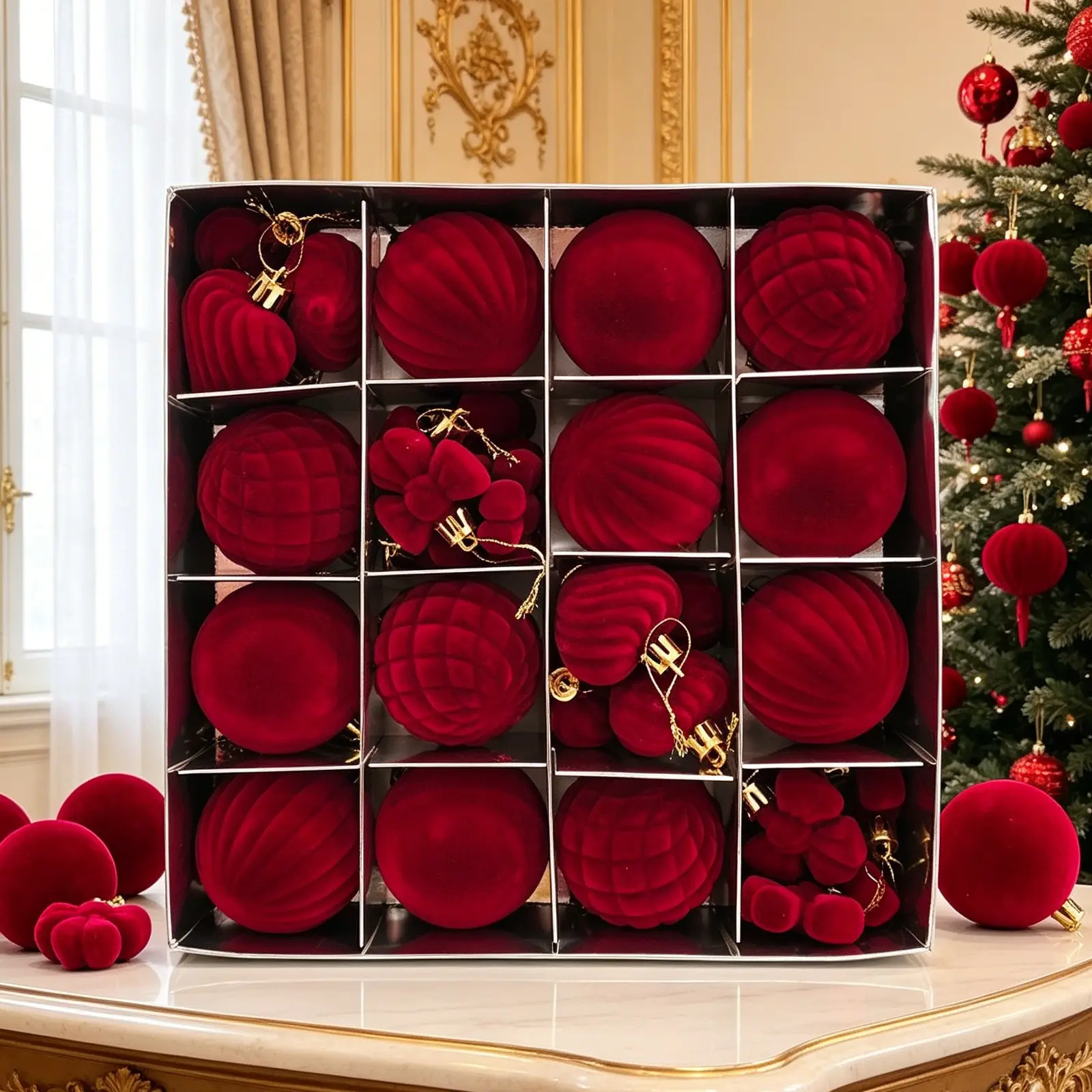 32-Pack Christmas Decorations, Heart Bowknot Velvet Plush Plastic Balls, Flocked Christmas Ornaments, Holiday Tree Decorative Balls