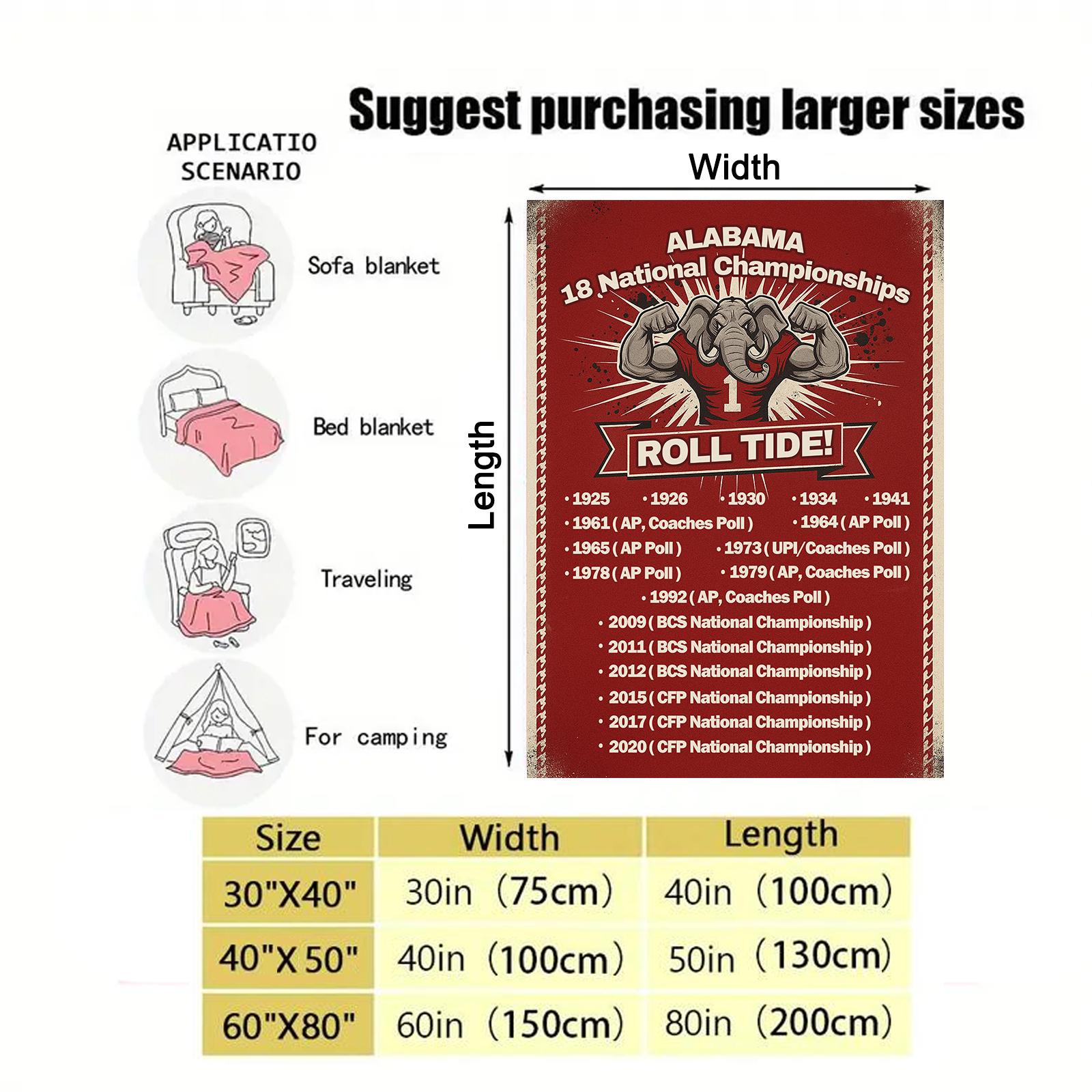 Funny Alabama Roll Tide Flannel Blanket Champion Honor List Blanket Best Birthday Gifts for 18 National Championships,Use for Sofa,beds,living Rooms,travel Picnic