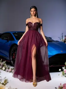 Girls' Sequined A-Line Evening Dress, Women, Formal Wear, Sweetheart Neckline, Sheer Mesh Skirt, Bodycon Top, Graduation Prom, Party or Wedding Guest