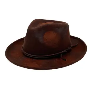 Men's Distressed Vintage Fedora Hat, Retro Felt Panama Trilby Hat with Leather Rope Band Adjustable Western Gangster Hat