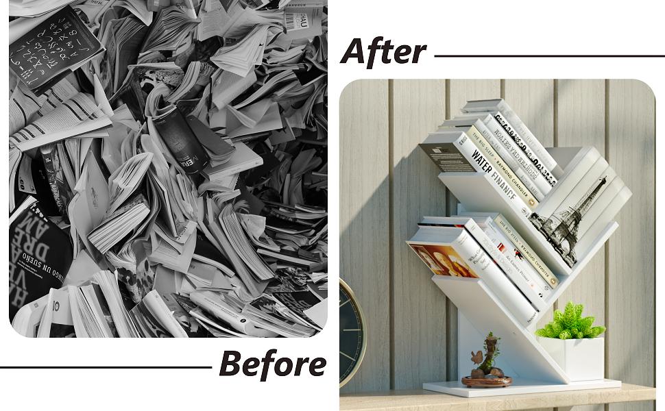 3 Tier Small Tree Bookshelf Storage Organizer Shelves Floor Standing Bookcase Desk Wood Storage Rack for Home Office Living Room Bedroom Display for Book Magazine CD manga Warm White