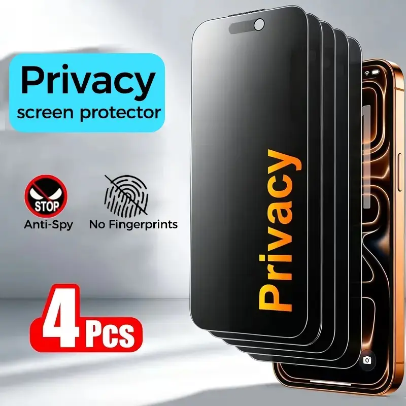 4pcs Full Cover Privacy Screen Protector for iPhone 17Pro Max,16E,17Air,15,14Plus,13,12,11Pro Max,XR,XSMax Anti-Spy Scratch resistant and fall resistant Tempered glass Film