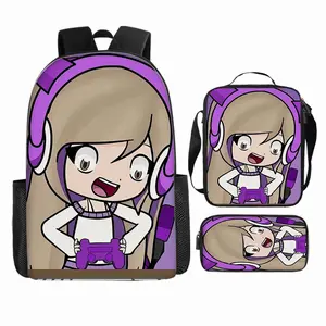 Lyna Vallejos purple backpack with headset and handle, video game style, three-piece set for girls, includes a matching lunch bag and pencil case, suitable for daily schoolwork and weekend outings