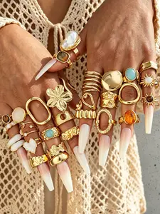 29-Piece Metal Ring Set, Elegant Floral Design, Zinc Alloy, Stackable Rings, Party & Birthday Gifts, Women's Jewelry Accessories