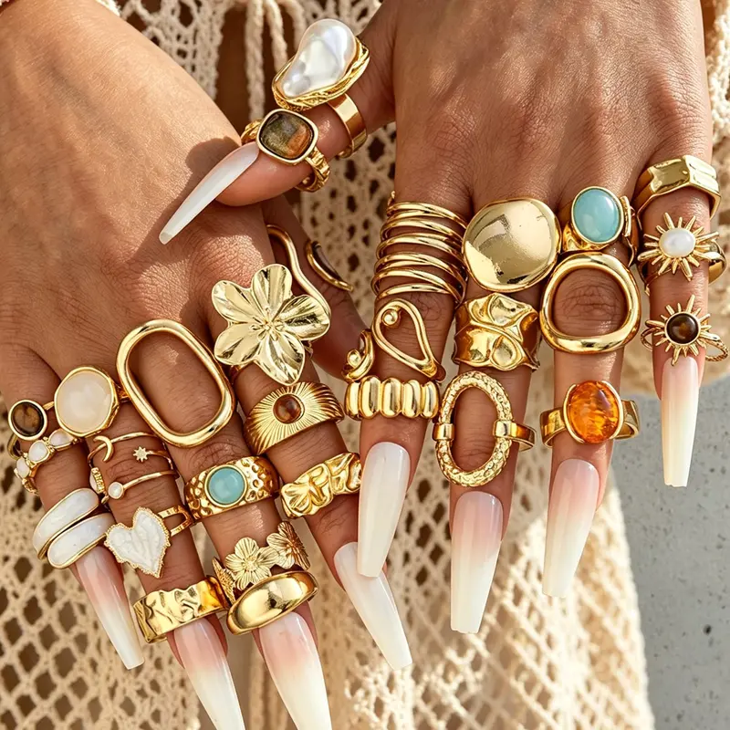 29-Piece Metal Ring Set, Elegant Floral Design, Zinc Alloy, Stackable Rings, Party & Birthday Gifts, Women's Jewelry Accessories, Elegant Fashion Rings
